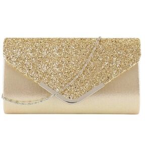Gold Glitter Metallic Envelope Clutch Purse Evening Bag with Chain Strap